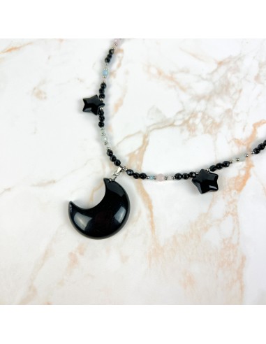 Obsidian moon and stars, morganite and onyx stainless steel Night queen necklace Comment ça marche