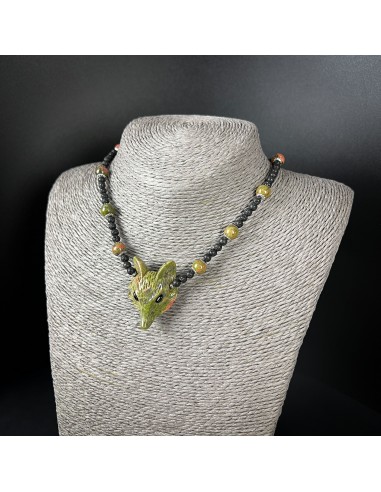 Unakite fox, lava rock and stainless steel forest witch necklace de France