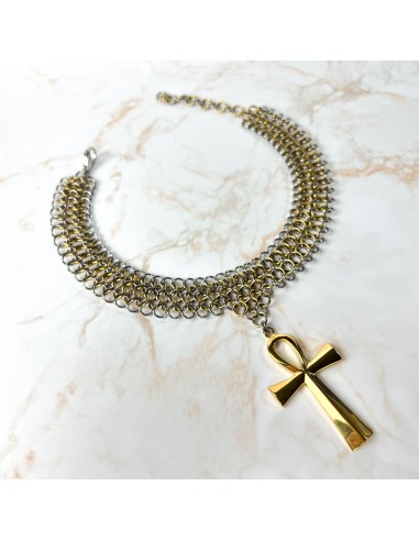 Ankh chainmail choker European 4 in 1 stainless steel and 18k gold plated necklace hantent personnes