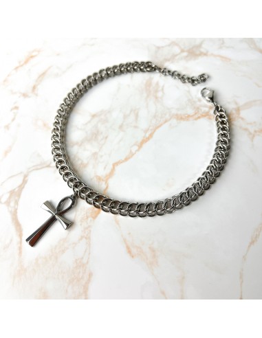 Half Persian chainmail choker with an Ankh pendant, Egyptian cross, stainless steel necklace pas chere