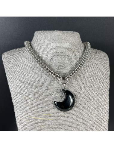 Full Persian Obsidian crescent moon chainmail necklace, stainless steel Profitez des Offres !