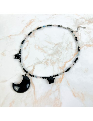 Collier Obsidienne lune et étoiles, morganite et onyx acier inoxydable Reine de la Nuit shop